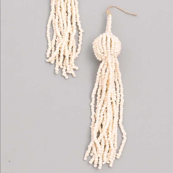 Beaded Tassel Long Drop Earrings Off White - Picture 4 of 7